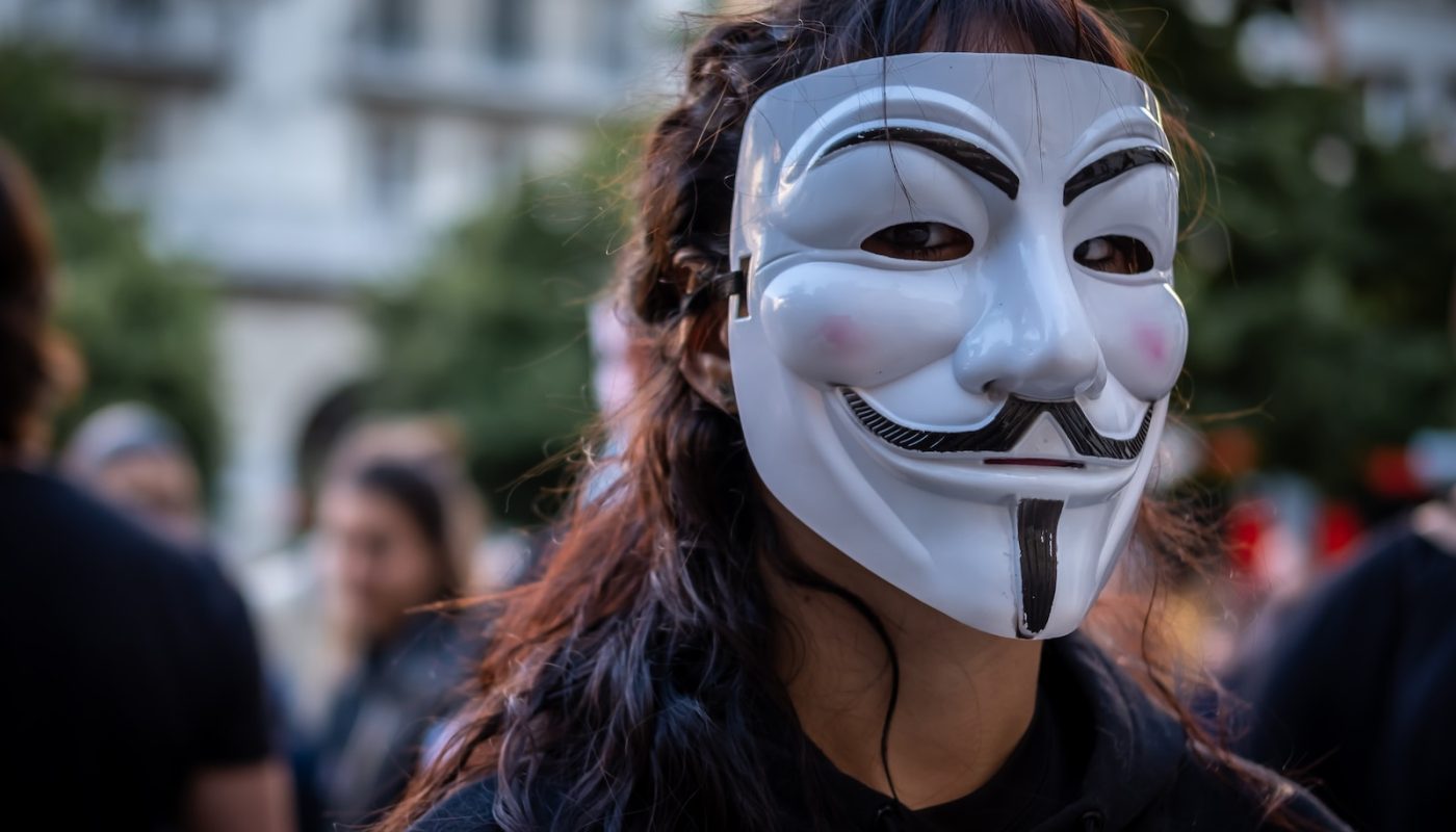 person wearing Guy Fawkes mask beside people